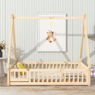 Grey Tent-shaped Full Size Floor Bed, Kids Bed with Guardrails, Slats and Door