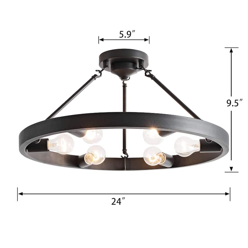 Abigail Wagon Wheel Black Metal Round Rustic Semi-Flush Mount