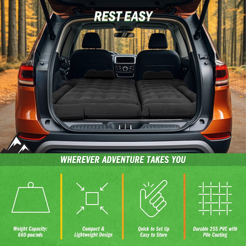 Inflatable Mattress - Car Air Mattress for SUV or Tent with Aux Outlet Pump and 2 Inflatable Pillows by Wakeman Outdoors