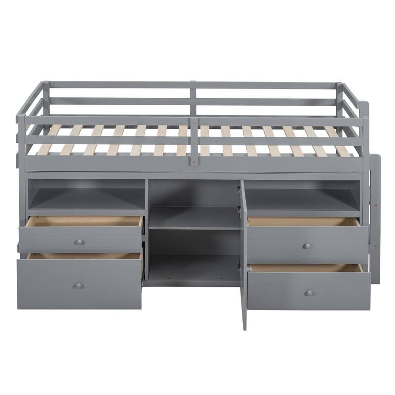 Twin Size Loft Bed with 4 Drawers, Underneath Cabinet and Shelves