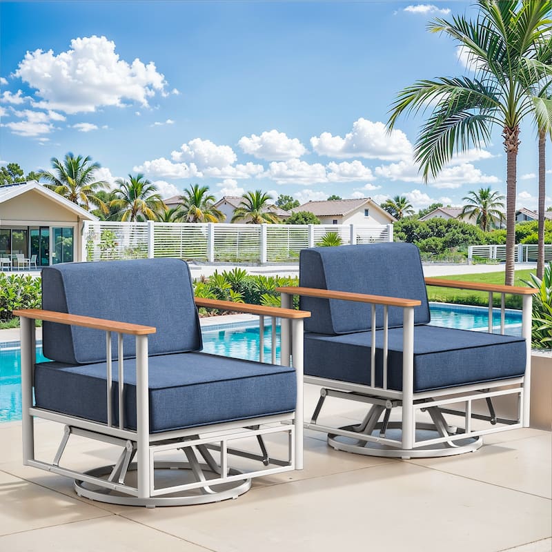 Pocassy Outdoor 2PCS Swivel Chairs with 6 Inch Blue Cushion - White & BLue Cushion