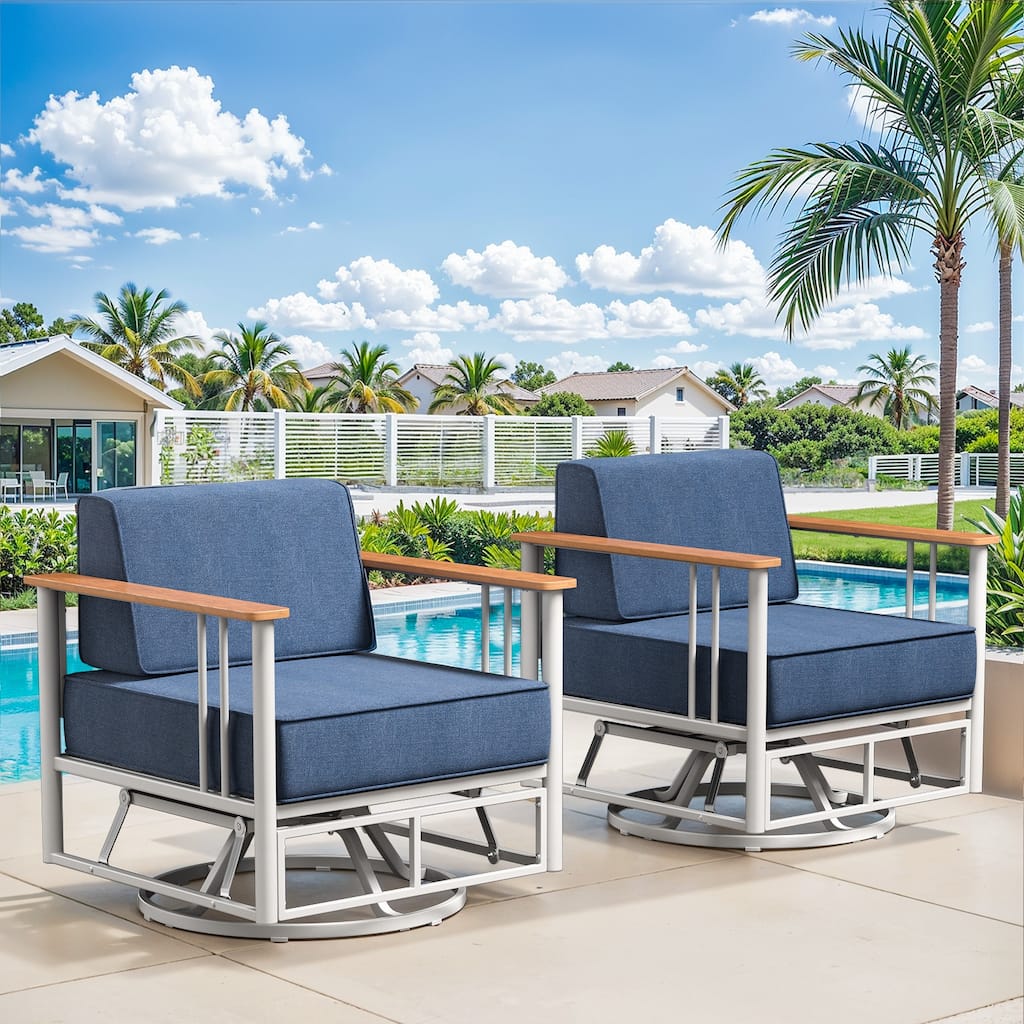 Pocassy Outdoor 2PCS Swivel Chairs with 6 Inch Blue Cushion