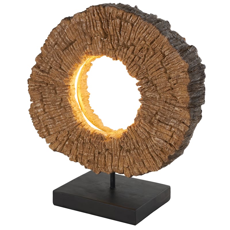 Resin or Polystone Live Edge Table Lamp with Round Cutout and Black Base - Brown - Roche River Decor - Polystone Brown -  13"W, 15"H