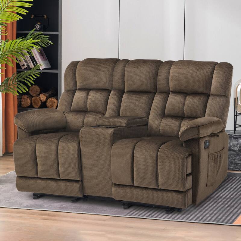 MCombo Power Loveseat Recliner with Console, Vibration and Heat, USB Charge Ports RS6234 - Brown