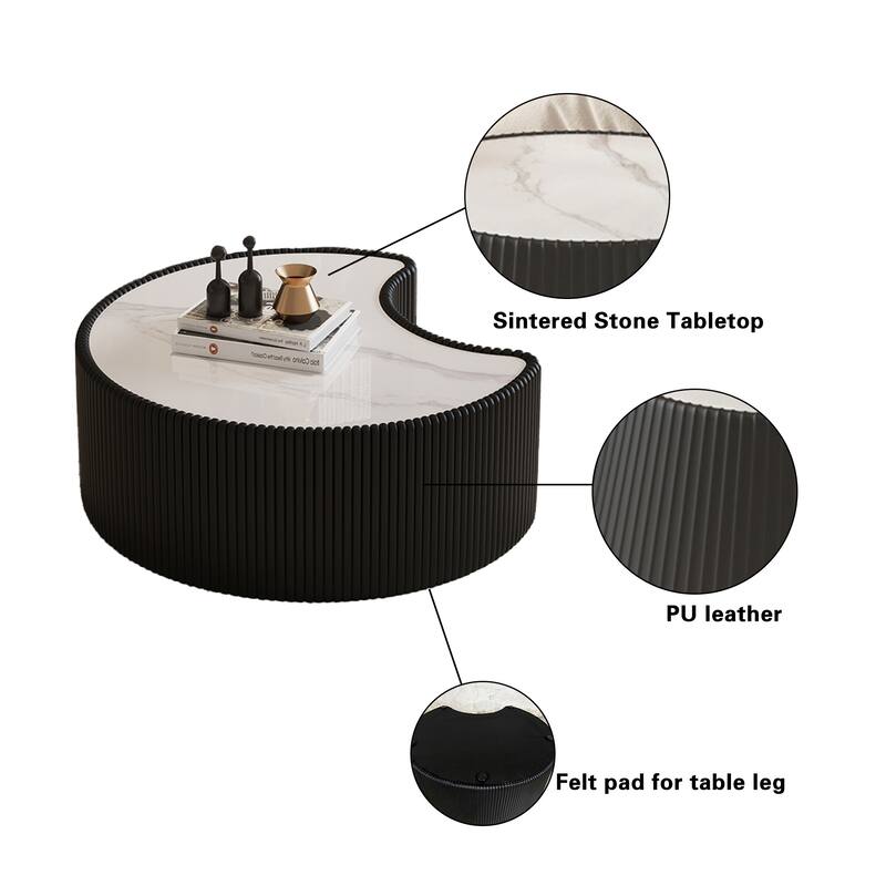 Stylish Modern Coffee Table with Light Sintered Stone Top, Irregular Accents Table, Sofa Side Table with Faux Leather Frame