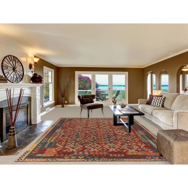 All-Over Kilim Oriental Area Rug Hand-Woven Wool Carpet - 8'4"x 11'6"