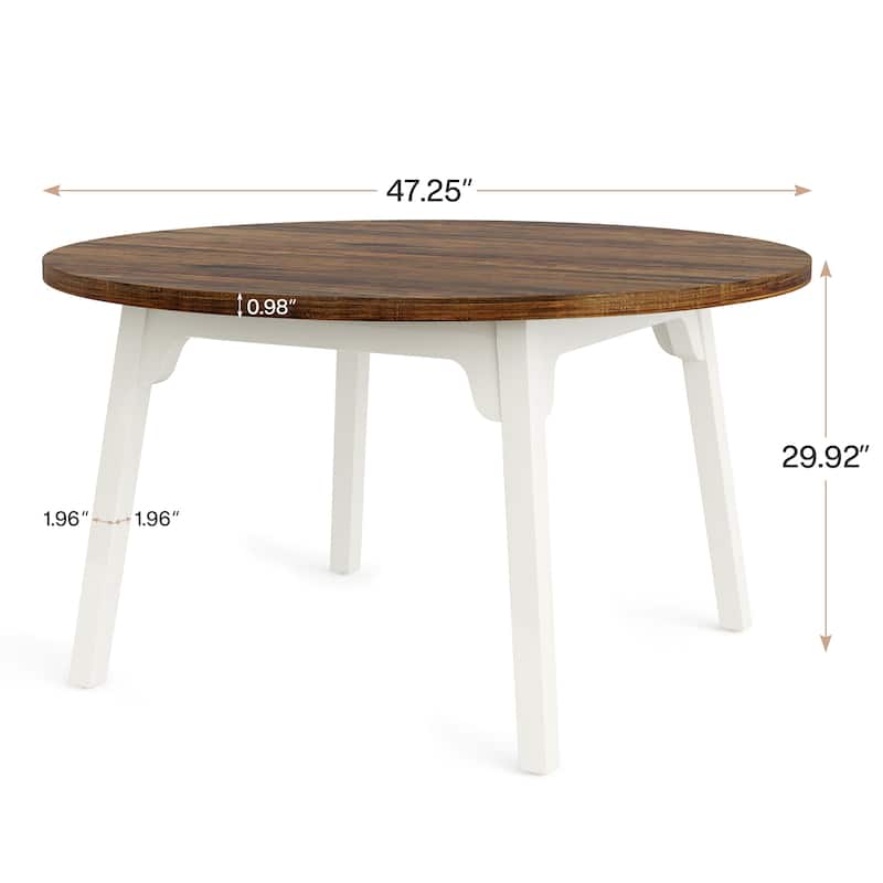 47 Inch Round Dining Table for 4, Farmhouse Kitchen Table - Brown and White