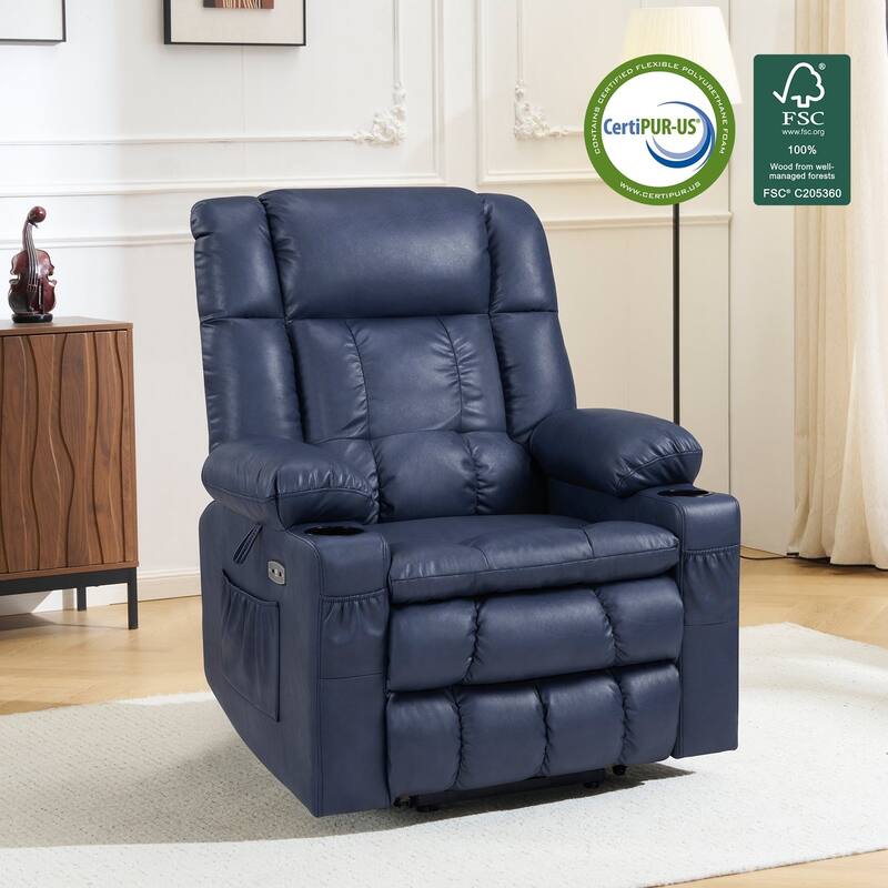 MCombo Medium Dual Motor Power Lift Recliner Chair Infinite Position, Massage and Heat, Extended Footrest, Faux Leather 7890 - Blue