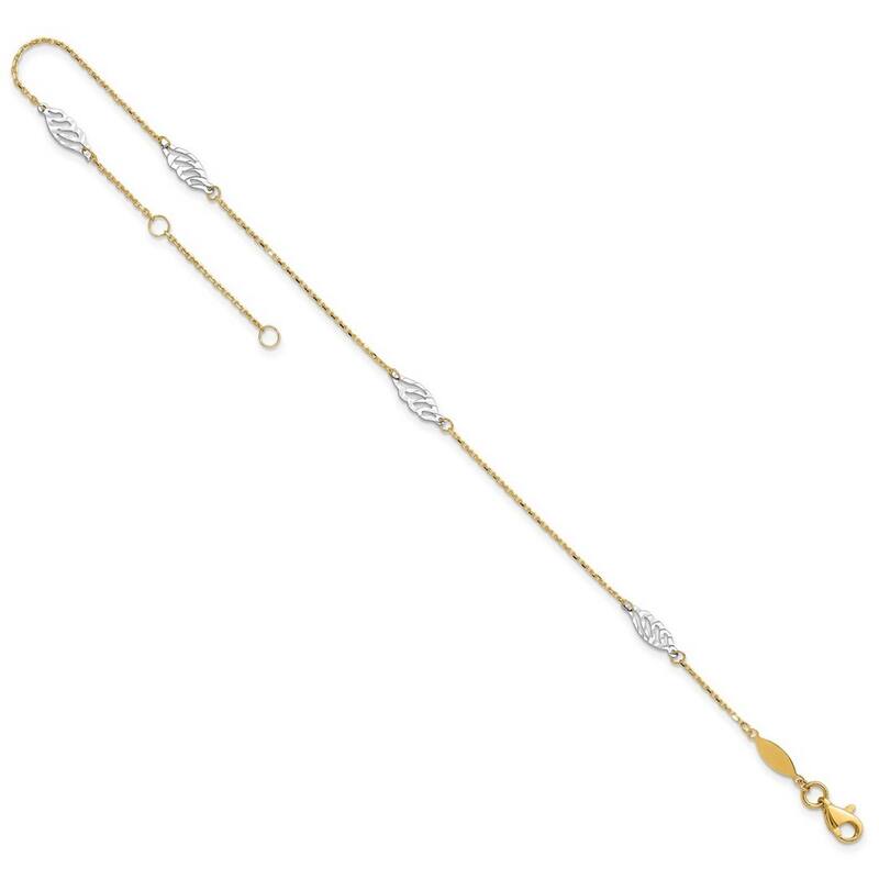 Curata Women's 14k Two-Tone Gold Textured and Polished Leaf Anklet - 10 Inch