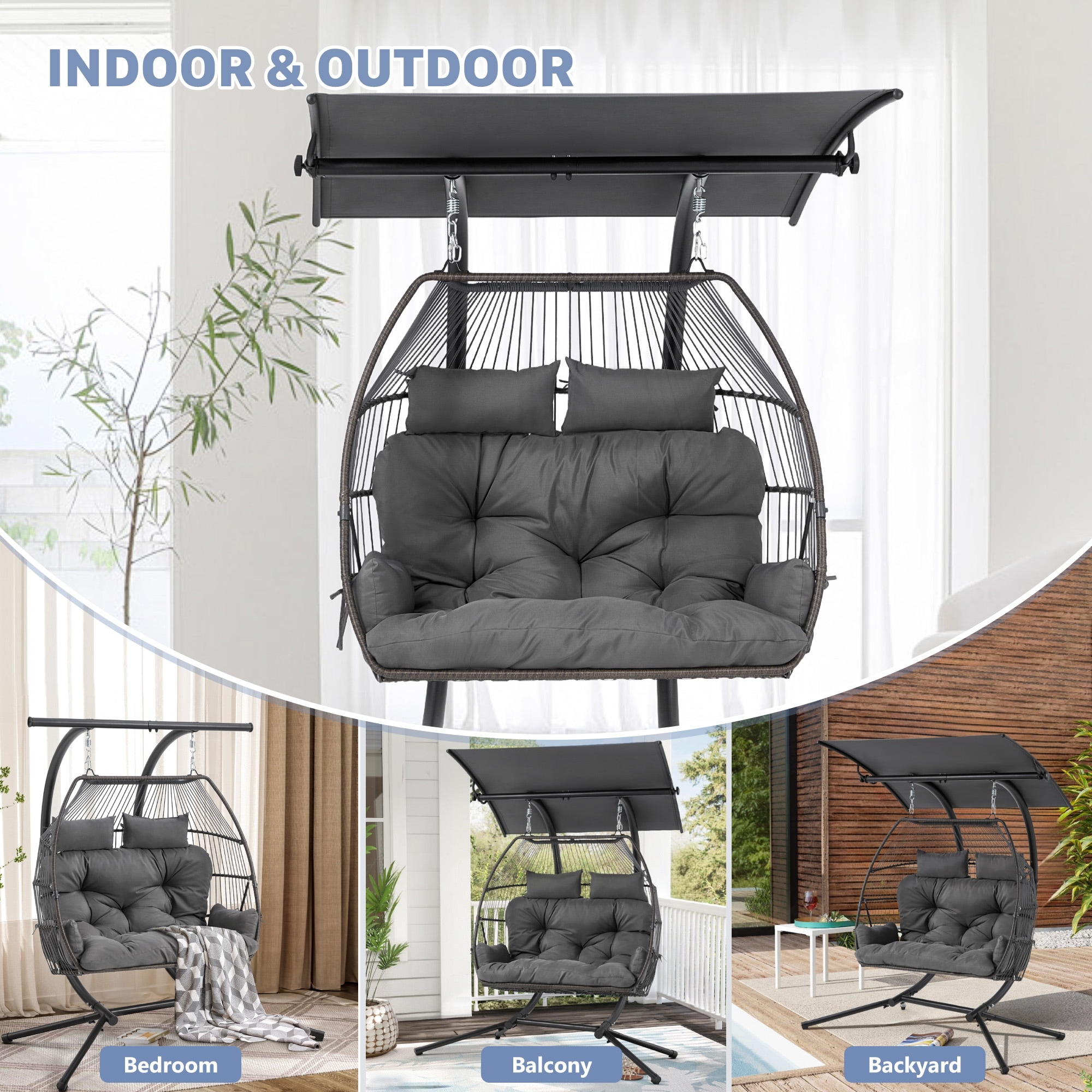 GENIQUA Foldable Hanging Egg Chair With Stand – Grey, Padded Cushion, Steel Frame