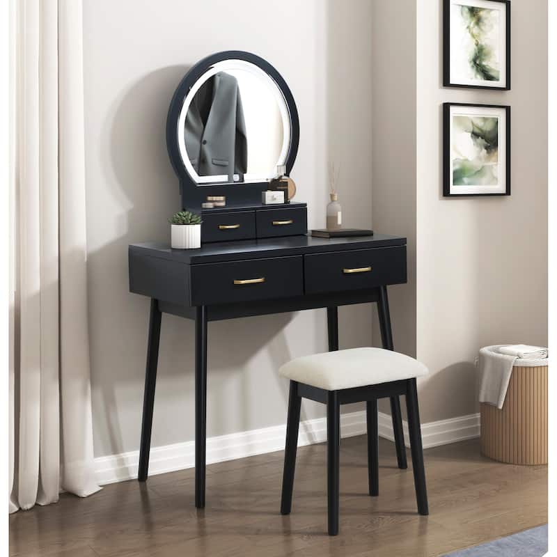 Beautiful Black Finish Vanity Dresser with Mirror and Stool