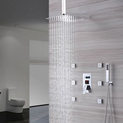 chrome ceiling mount 16 inch rainfall 3 way digital display shower system with body jets - 7'6" x 10'9"