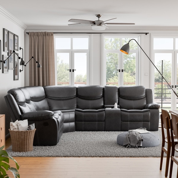 Furniture of America Sory Transitional Faux Leather Reclining Sectional Sofa Dark Grey