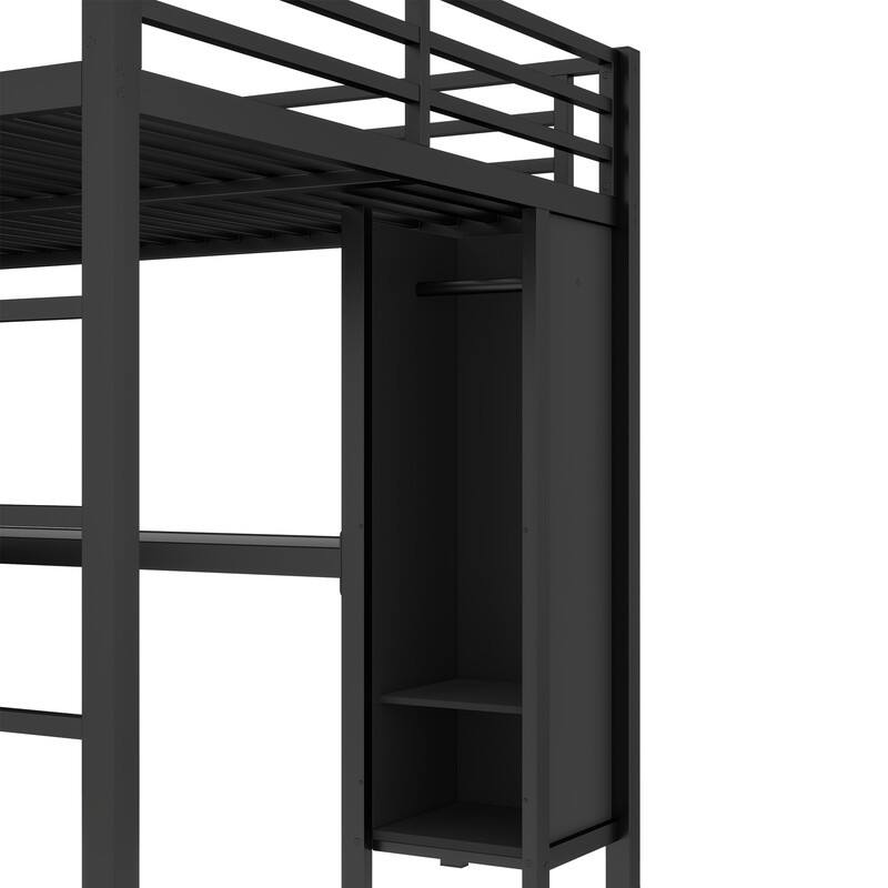 Queen Size Heavy Duty Metal Loft Bed with Wardrobe & L-shaped Desk, Multi-functional Storage Bed Frame with Cubes & Shelves