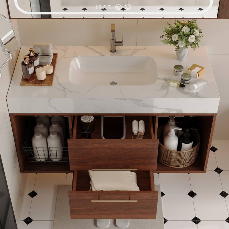 39.4"Floating Bathroom Vanity with Ceramic sink,Wall Mounted Vanity 2 Soft Close Drawer and white Slate top