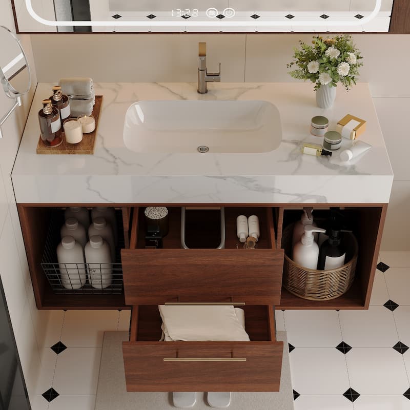 Modern Wall Mounted Bathroom Vanity Floating Storage Cabinet with Ceramic Sink, Faux Marble Countertop, Drawers and Open Shelves