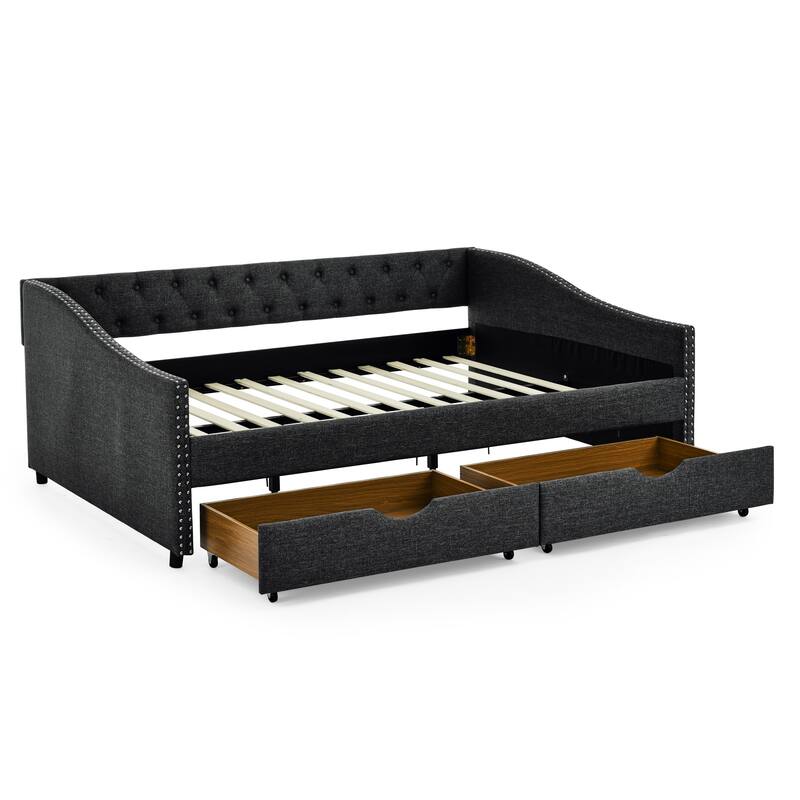 Dark Gray Full Size Linen Upholstered Daybed Frame with 2 Drawers & Tufted Backrest