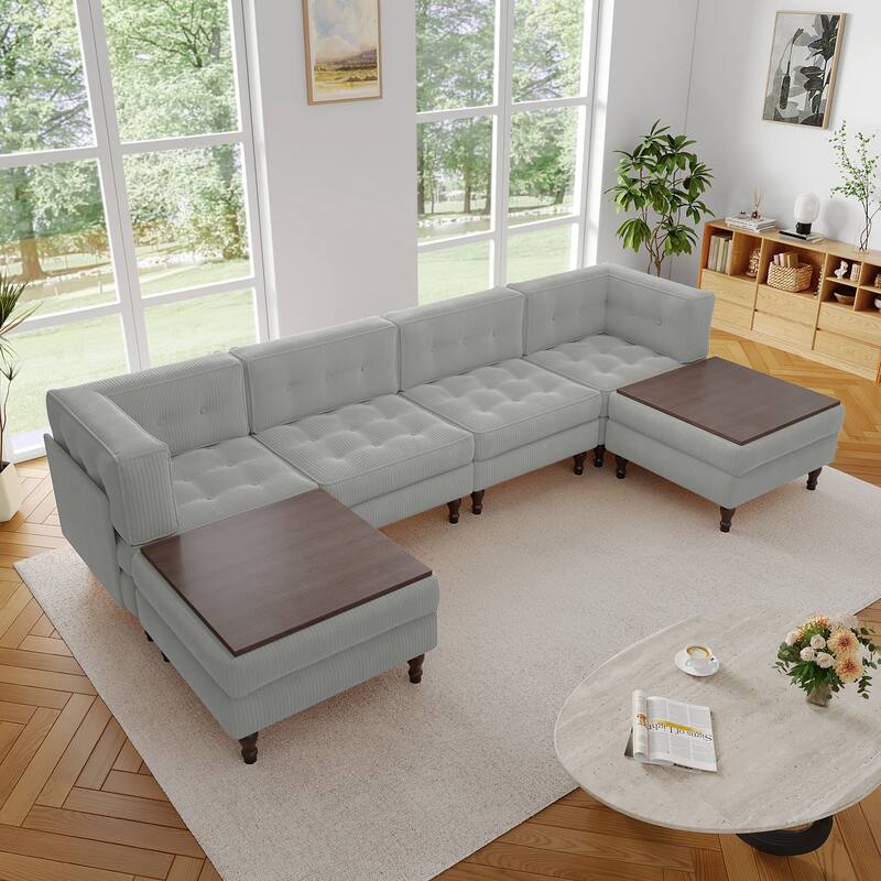 130"W Corduroy Upholstered Modular Sectional Sofa with Storage Ottoman
