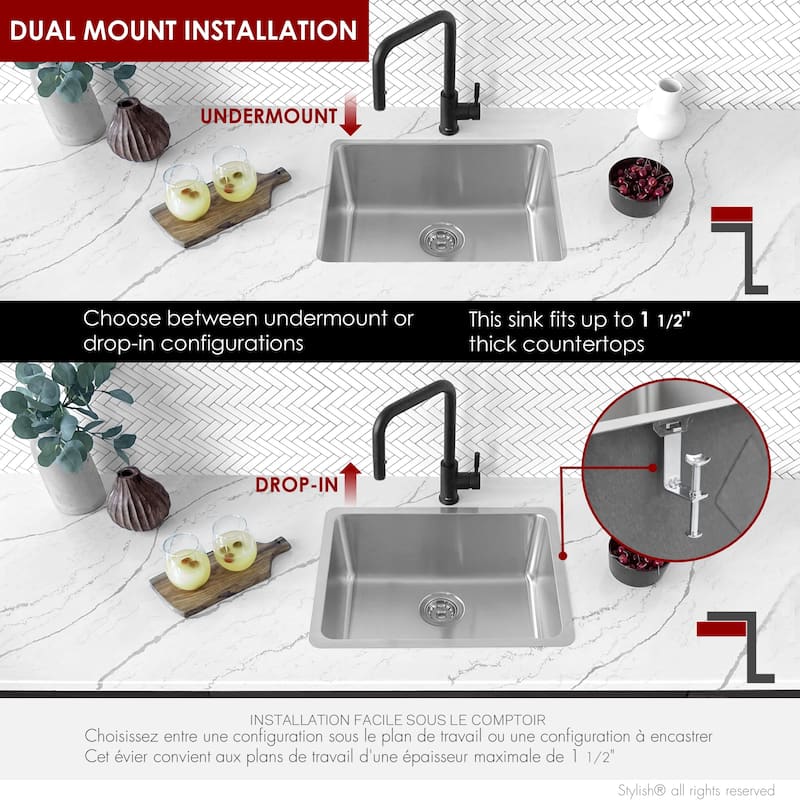 STYLISH 20.5 inch Single Bowl Undermount and Drop-in Stainless Steel Kitchen Sink - 20.5" x 18" x 9"