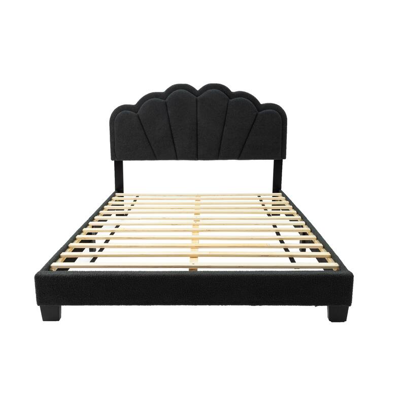 Queen Wool Fabric Platform Bed with LED Headboard & Floral Design