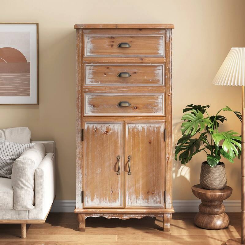 Rustic 50.79" Tall Wooden Accent Cabinet with Decorative Door and 3 Drawers