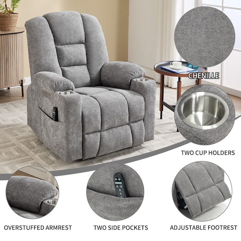 Power Lift Recliner Chair with Massage & Heat, Heavy Duty Electric Recliner, Recliner Chair with USB Ports & 2 Cup Holders
