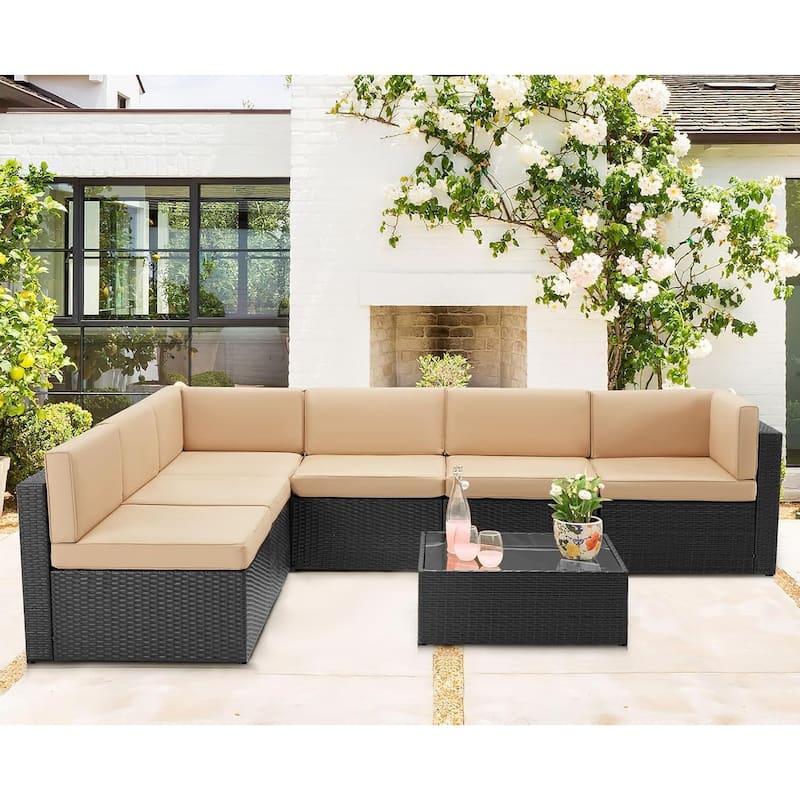 AECOJOY 7 Piece Outdoor Patio Furniture Set, PE Rattan Outdoor Wicker Sectional Furniture Chair Set with Cushions and Tea Table