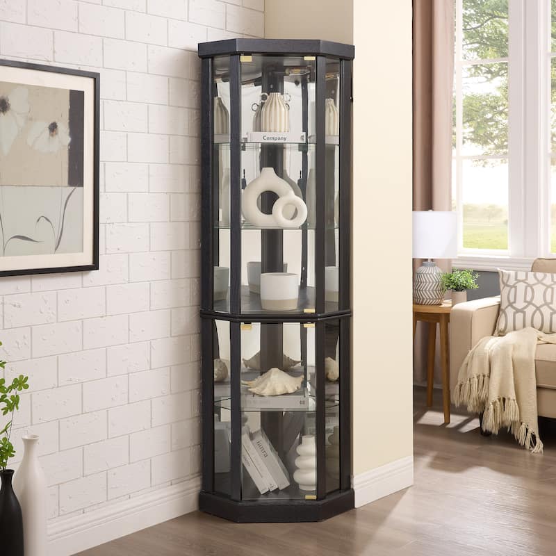 Lighted Corner Curio Cabinet - Elegant Glass Display Case for Living Room & Bar Storage - Includes Built-in Lighting