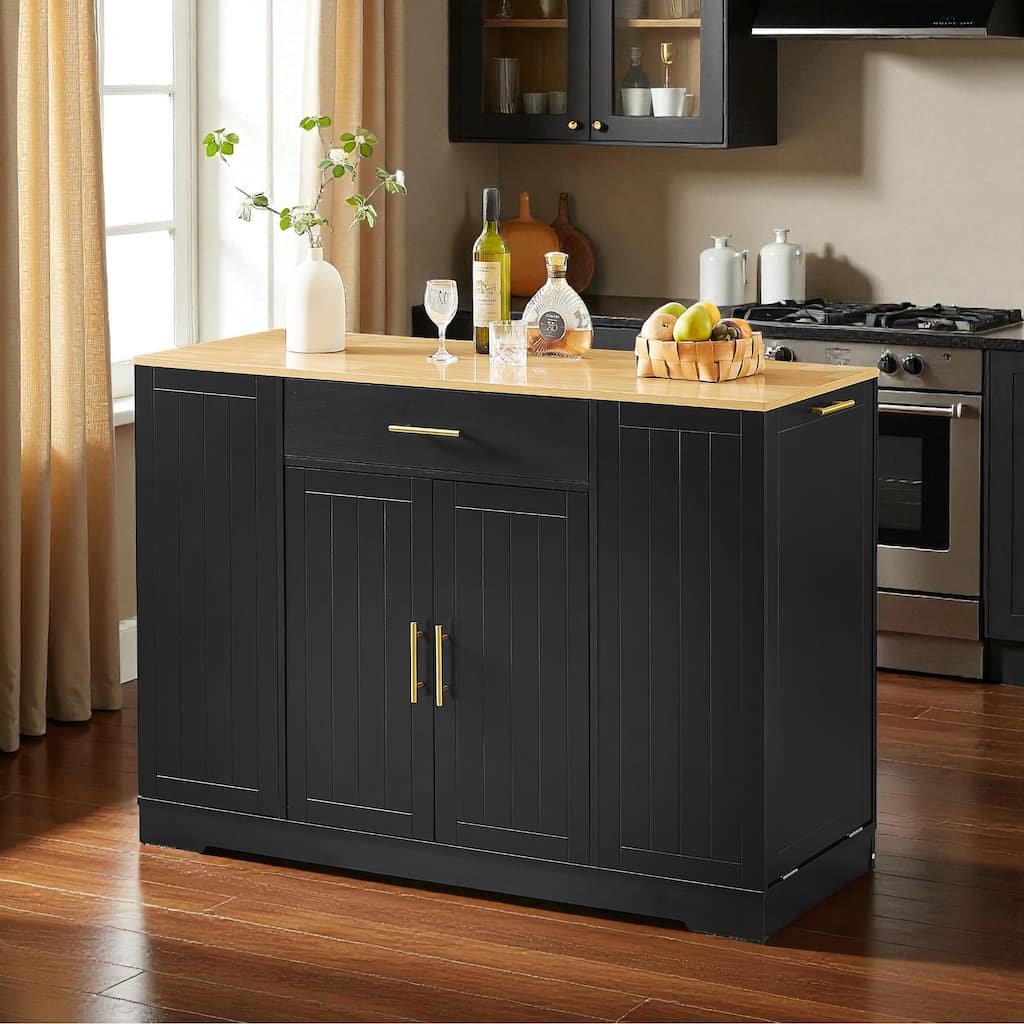 53" Modern Farmhouse Kitchen Island with Drawer, Tilt-Out Trash Can Storage, Adjustable Shelves & Spice Rack for Kitchen