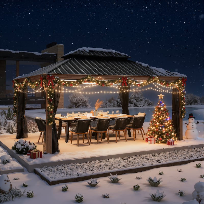 PURPLE LEAF Hardtop Gazebo Galvanized Steel Roof Gazebo Pergola w Wooden Coated Alumninum Frame and Mosquito Net