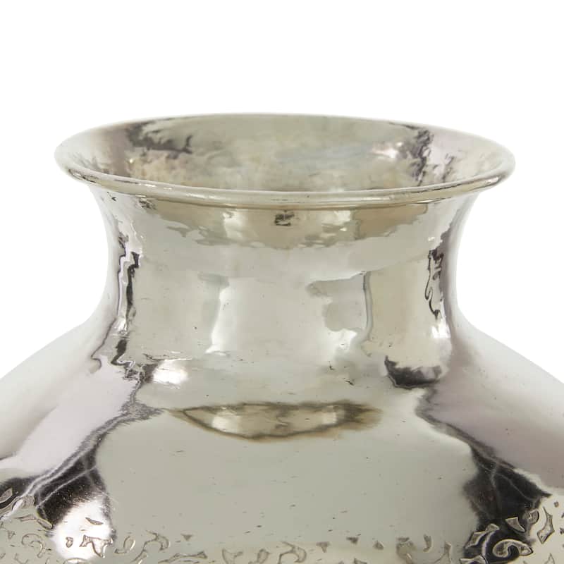 Silver Aluminum Metal Round Engraved Decorative Vase
