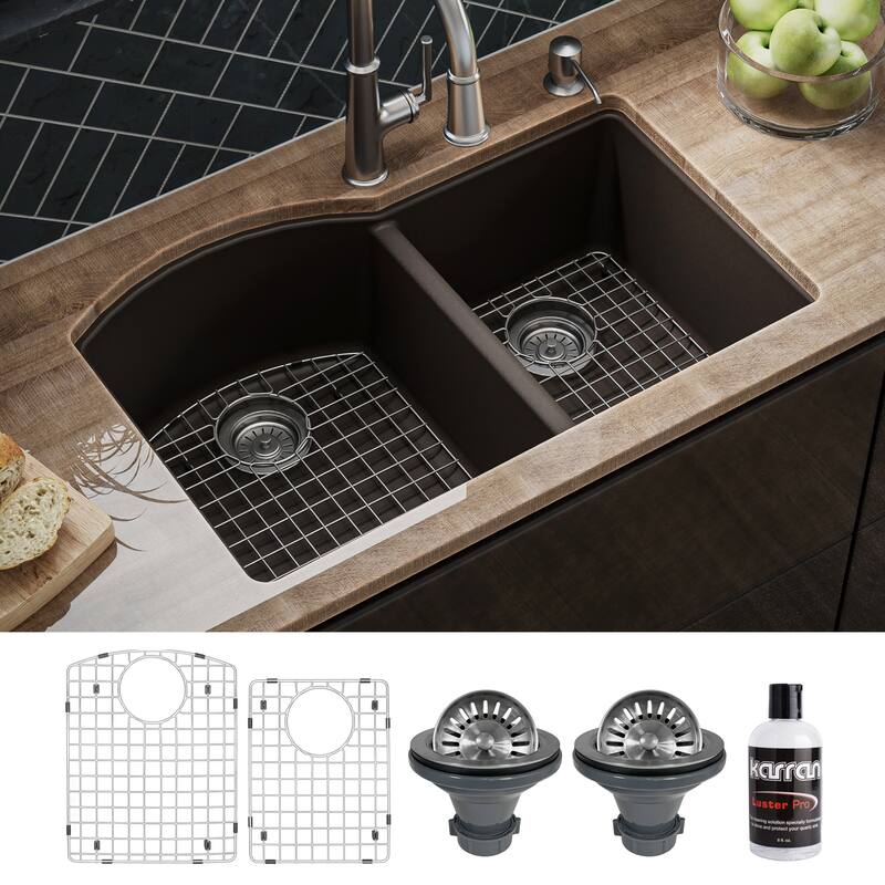 Karran Undermount Quartz 32 in. 60/40 Double Bowl Kitchen Sink Kit