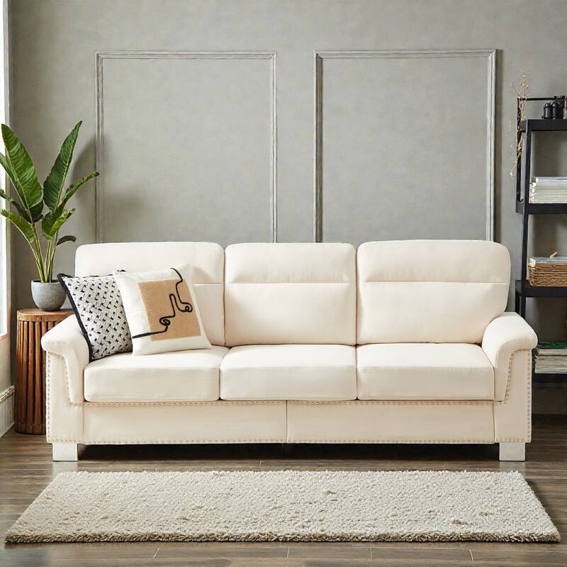 82 Inch Modern 3 Seater Sofa with Snowfleece Fabric, Compressed Upholstered Couch for Living Room Bedroom - Beige