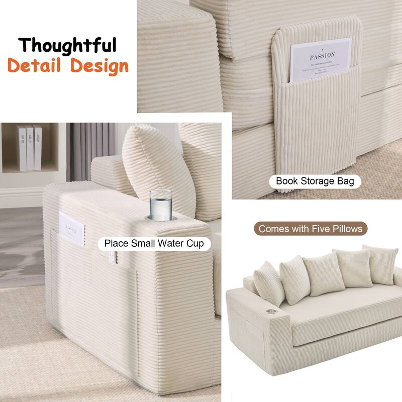 Convertible Sofa Bed, 76" Boneless Loveseat Couch 2 in 1 Foldable Floor Sofa Couch with 2 Cup Holders, Folding Sleeper Chair