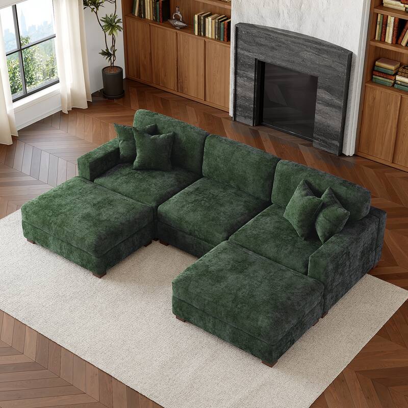 Oversized Chenille Modular Sectional Sofa Conversation Set with 2 Ottomans - Green/5 Piece