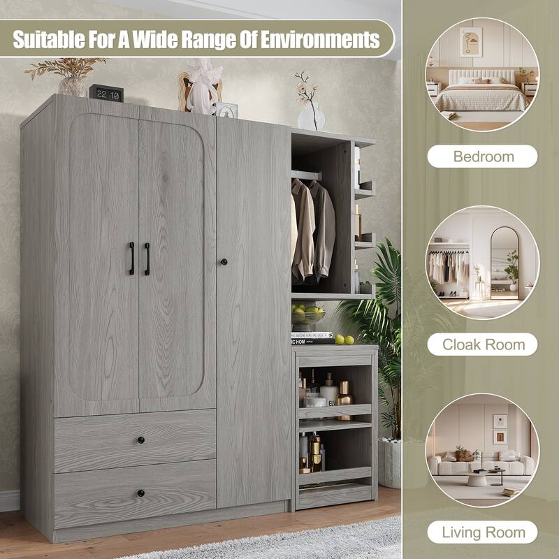 Bedroom Armoire, Wooden Wardrobe Cabinet and Foldable Desk Into One Multifunctional Unit