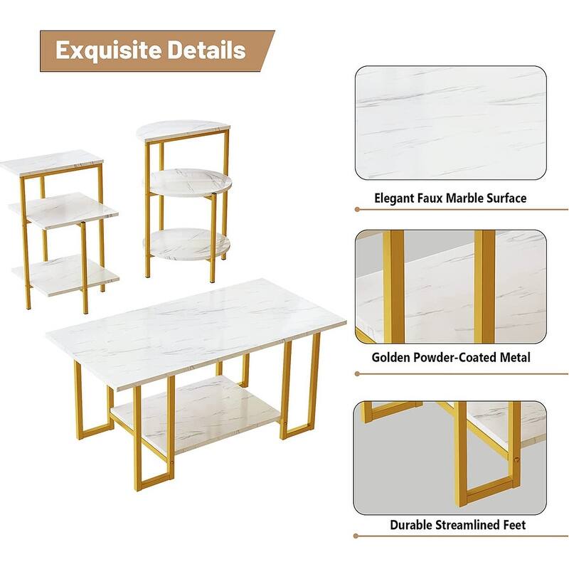 3 Pieces Faux Marble Coffee Table Set with 1 Coffee Table and 2 End Tables, Modern Sofa Side Table with Shelf, Cocktail Table