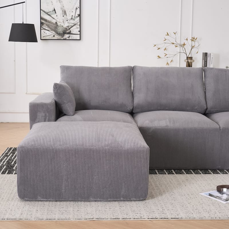 Corduroy Modular Chaise Lounge Couch L-shaped Sectional Sofa with Ottoman and Cushions Back, Full Foam Convertible 3 Seater Sofa