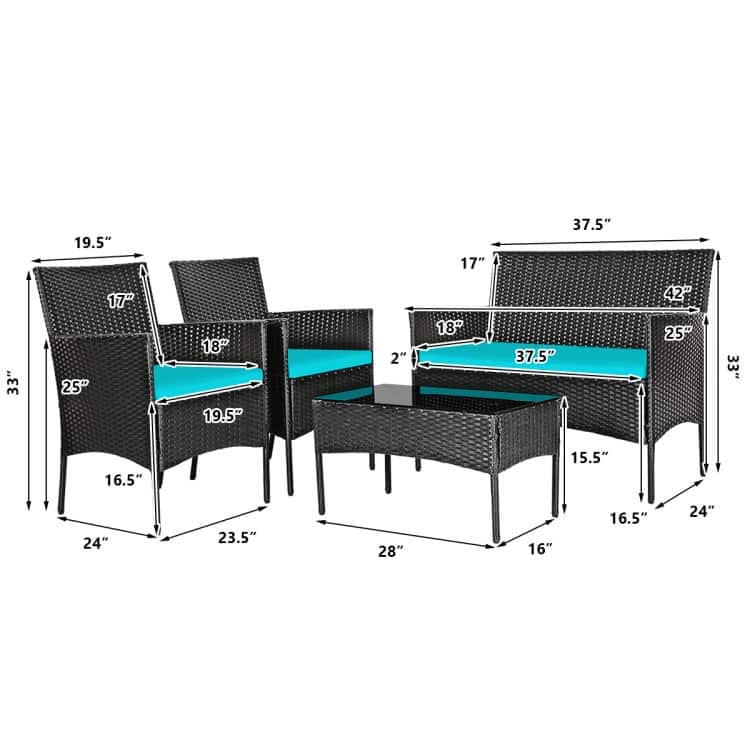 4 Pieces Patio Rattan Cushioned Sofa Set with Tempered Glass Coffee Table - 24" x 23.5" x 33" (L x W x H)