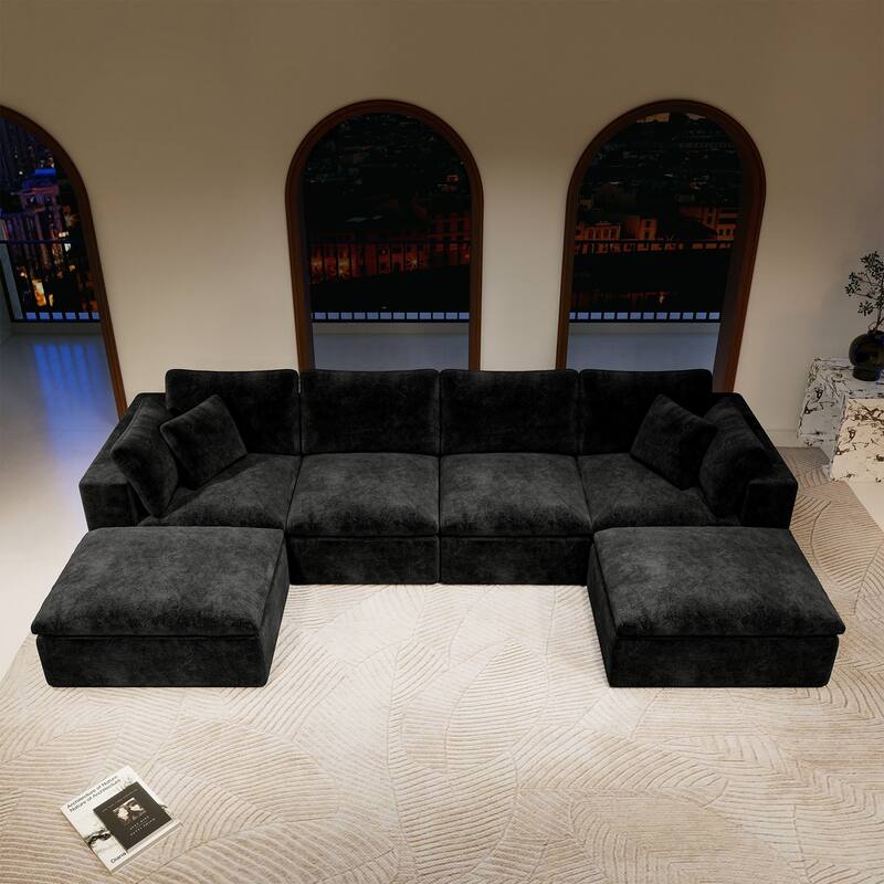 U-Shaped Modular Sectional Sofa, Plush Corduroy Upholstered Cloud Couch, Compressed Sofa with Reversible Chaise Lounge - Black