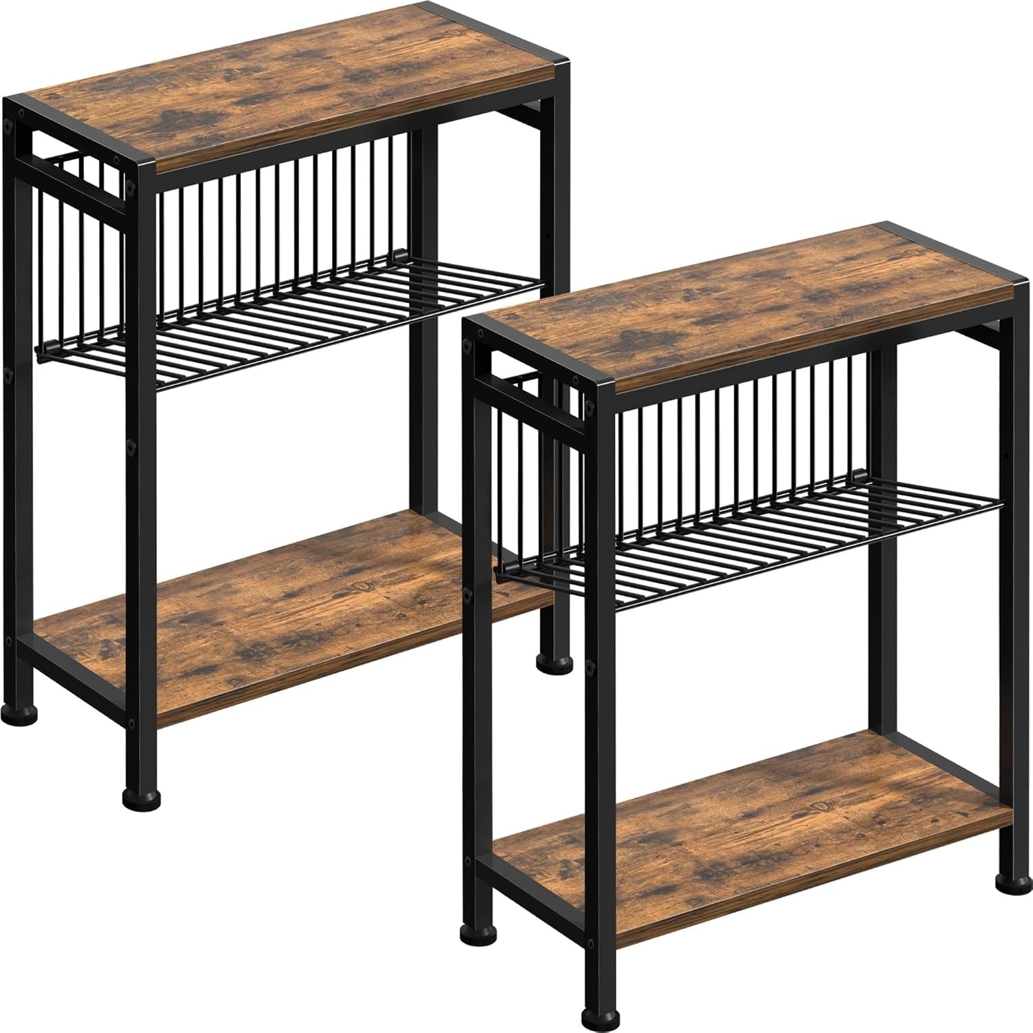 Small Side Table Set of 2, 3-Tier Narrow End Table with Magazine Holder, Rustic Brown & Black
