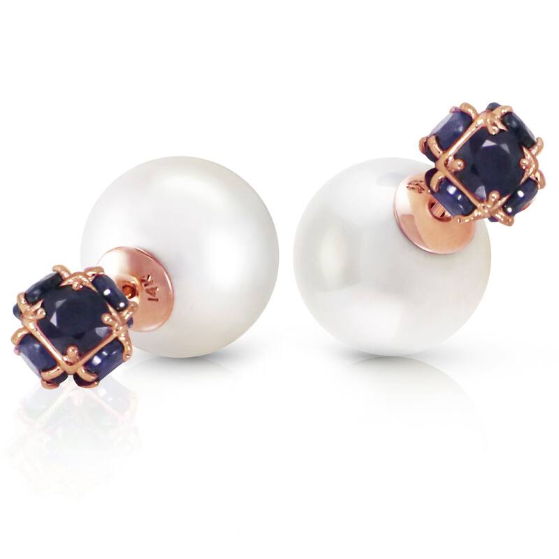 14K Solid Gold Tribal Double Shell Pearls And Sapphires Stud Earrings - Rose