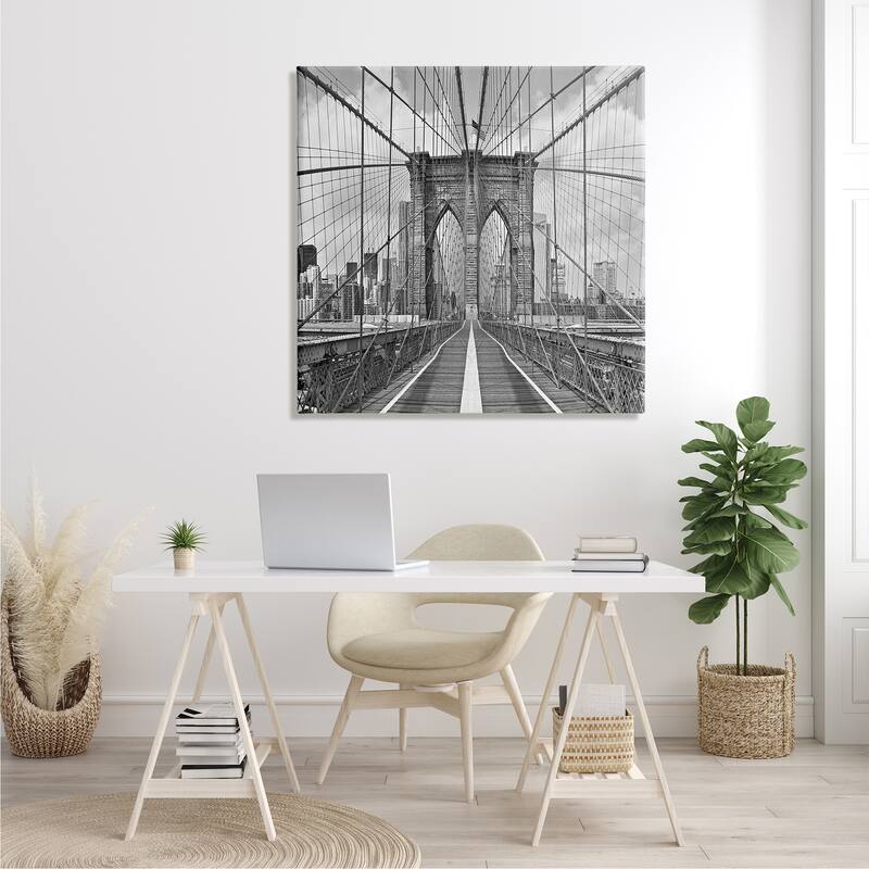 Stupell Brooklyn Bridge Black White Industrial Landscape City Architecture Canvas Wall Art - Grey