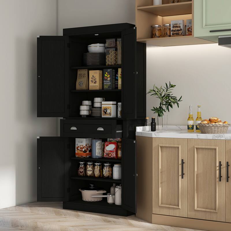 Black Wood Grain Storage Cabinet with Drawer and Adjustable Shelves Ideal for Kitchen or Bathroom - 30" W x 16" D x 72.5" H