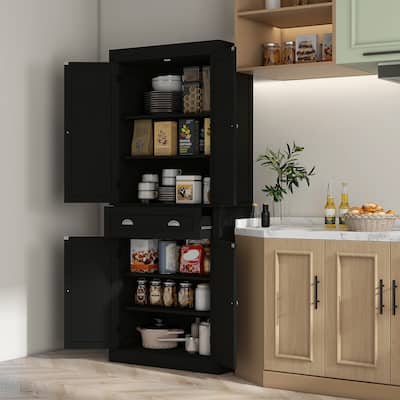 Black Wood Grain Storage Cabinet with Drawer and Adjustable Shelves Ideal for Kitchen or Bathroom - 30" W x 16" D x 72.5" H