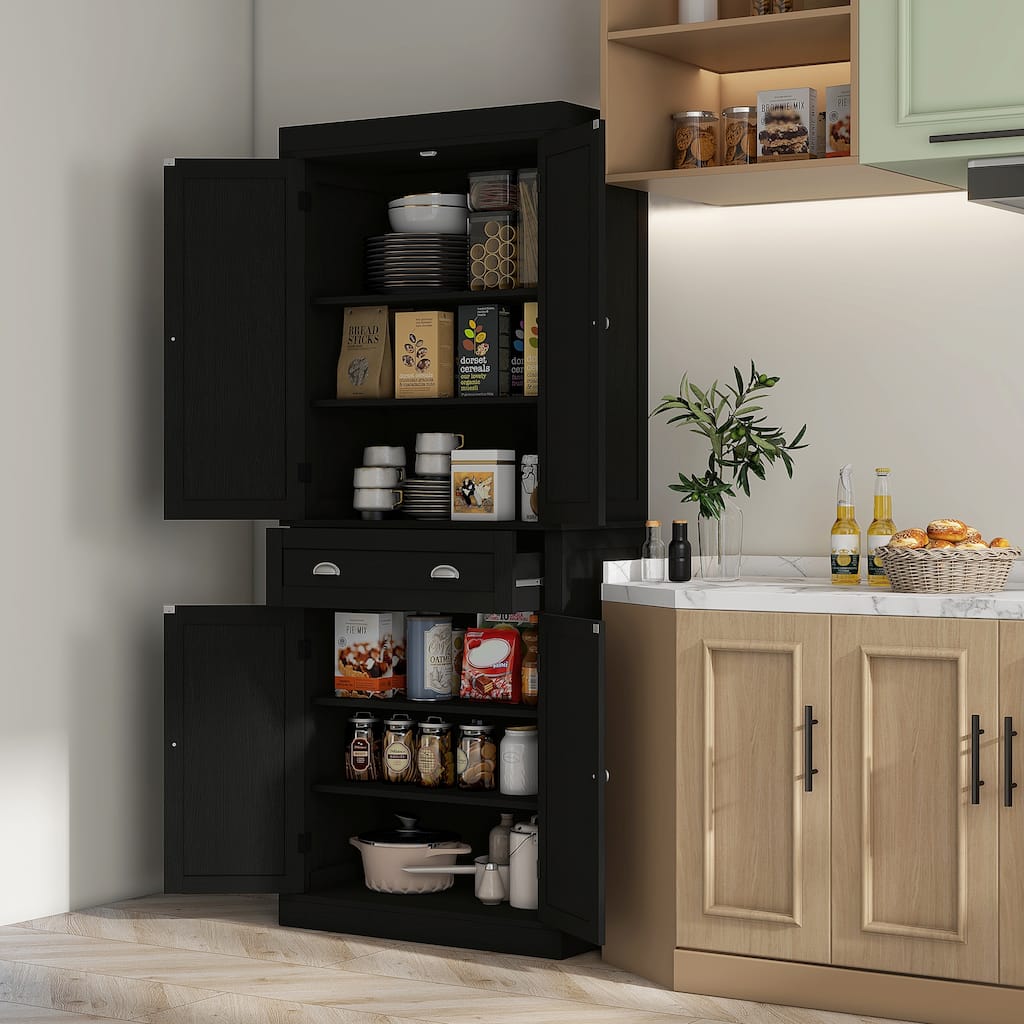 Black Wood Grain Storage Cabinet with Drawer and Adjustable Shelves Ideal for Kitchen or Bathroom - 30" W x 16" D x 72.5" H