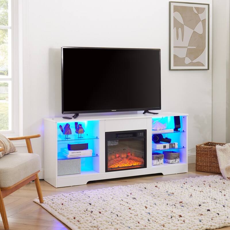 58" Modern TV Stand with Electric Fireplace, LED Lights, USB Charging & Glass Shelves for TVs up to 62"