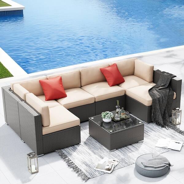 7piece Outdoor Patio Black Wicker Rattan Sectional Sofa Conversation