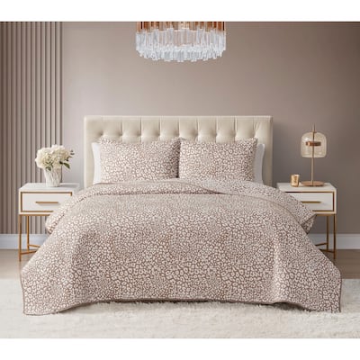 DESIGN STUDIO Leopard Cocoa 3-Piece All-Season Soft Woven Matelasse Jacquard Reversible Cotton Blend Quilt Set
