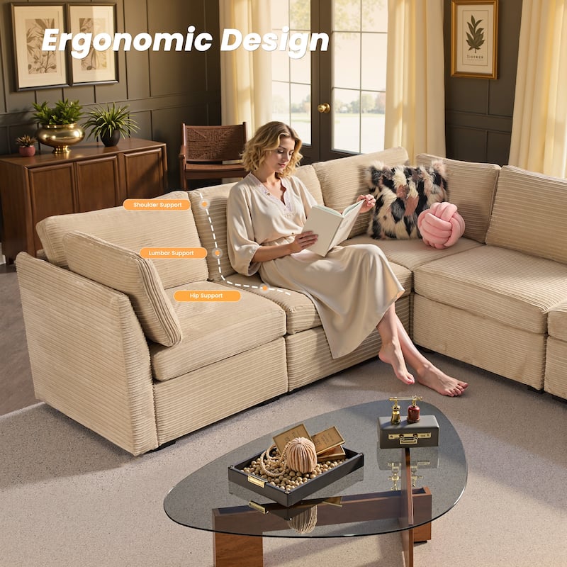 HOOOWOOO Modular U-shaped Corduroy Fabric Sectional Sofa Couch with Ottoman